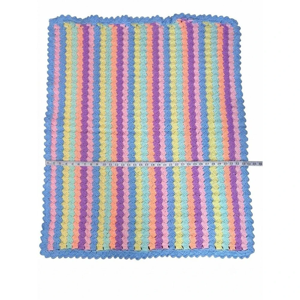 VTG1970s Hand Crocheted Pastel Stripe Baby Blanket Afghan Shell Stitch 34x41
